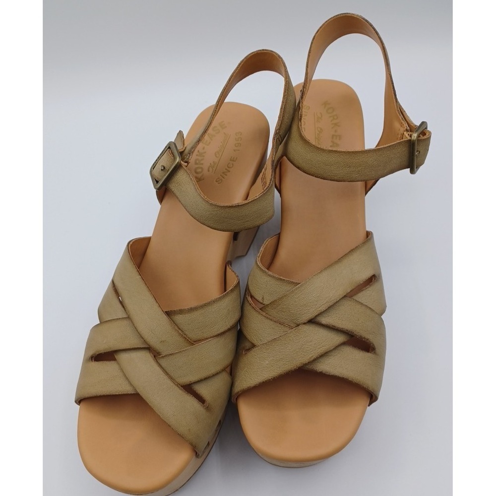 Kork-Ease Platform Sandals Womens 11 Tan Excellent Leather Wedge Strappy Wood - Picture 2 of 11